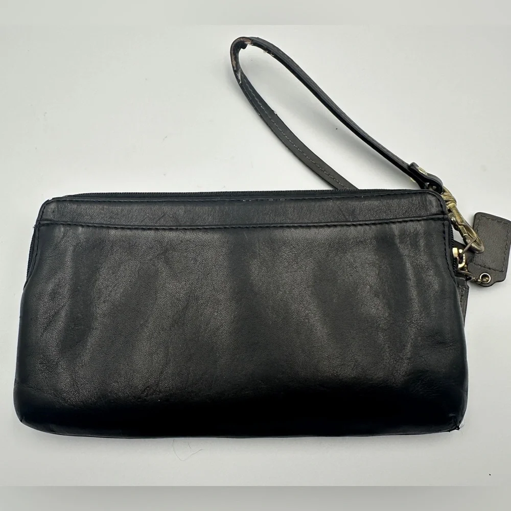 Coach Black Leather Wristlet Wallet With Patent Leather Accent And Bow Detail